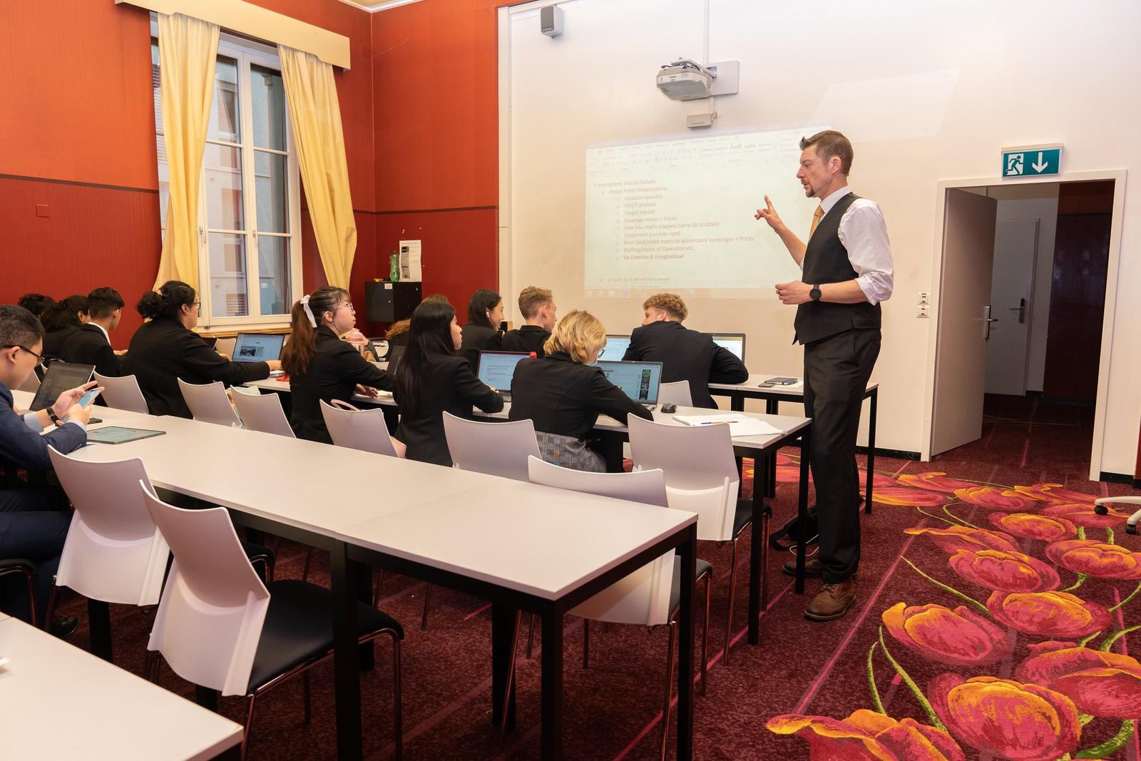 BHMS classroom in Switzerland set up for a business lecture