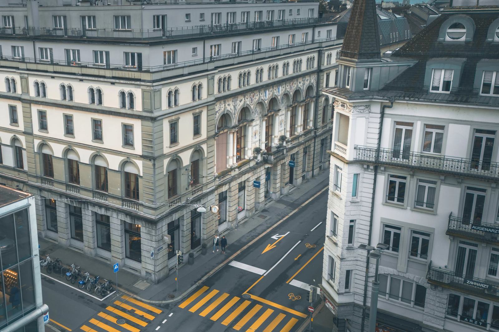 Aerial view of a street corner in Lucerne, Switzerland